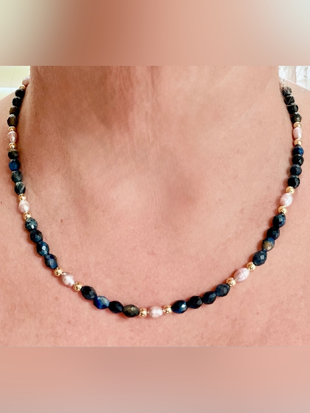 Elegant natural Lapis Lazuli,freshwater pearls,gold filled beads Necklace.19inch